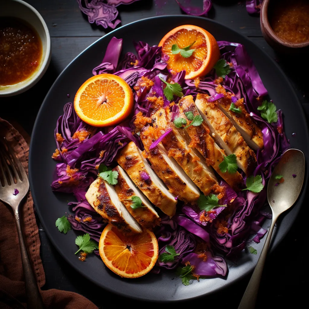 A plate topped with grilled chicken slices slathered in a glossy orange and chicory sauce, adorned with chopped cilantro and thin slices of orange. A bed of vibrant purple cabbage slaw provides a colorful underscoring.