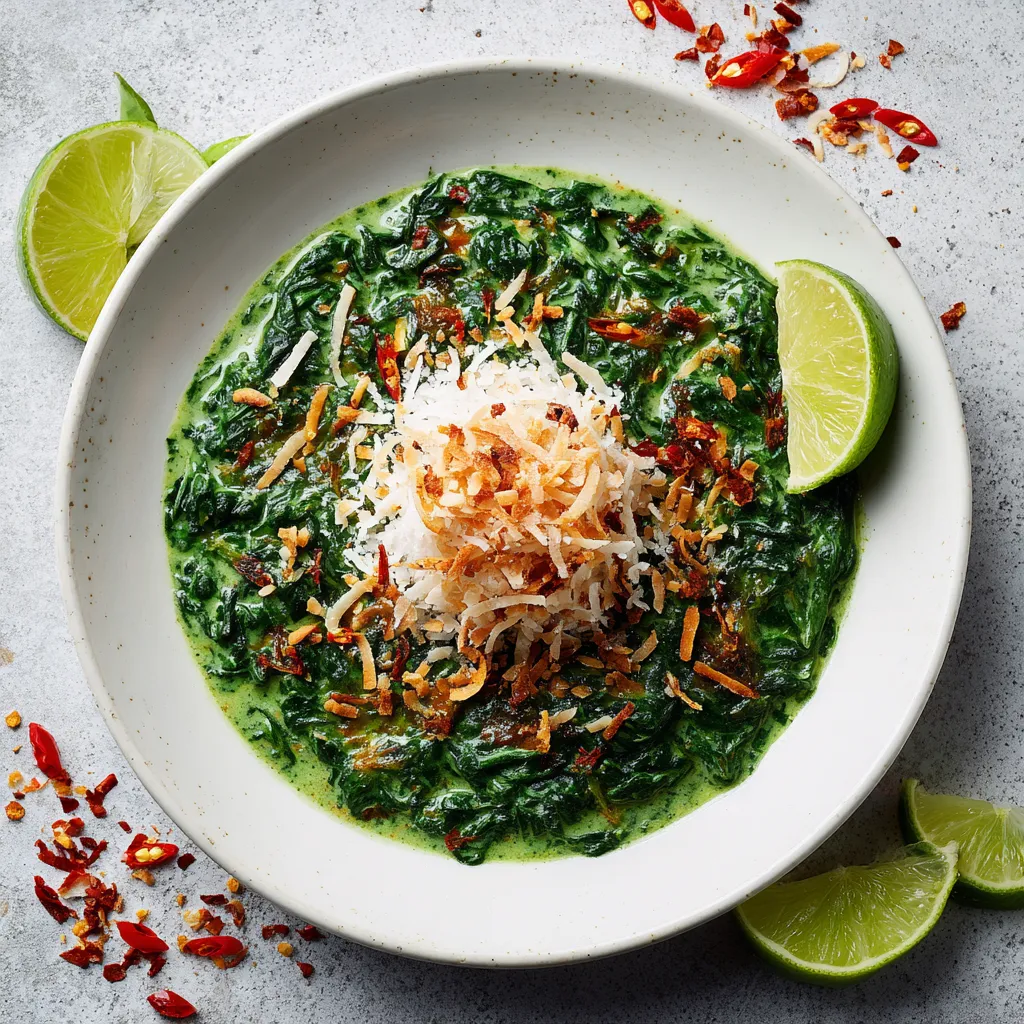 A bright and warm plateful of green creamed spinach, topped with a fluffy dome of light, toasted coconut flakes for contrast. Lime wedges with some scattered red chili flakes around the platter add a pop of color.
