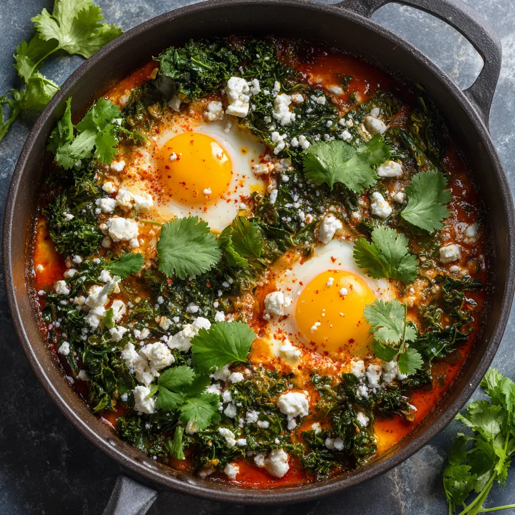 The vibrant green kale contrasts with the rust-colored shakshuka sauce, forming a stunning color palette. Two sun-bathing eggs nestle comfortably among the vibrant foliage, their creamy yellows breaking through the red and green. A sprinkle of crumbled feta and a garnish of fresh cilantro leaves add detail to this visual feast.