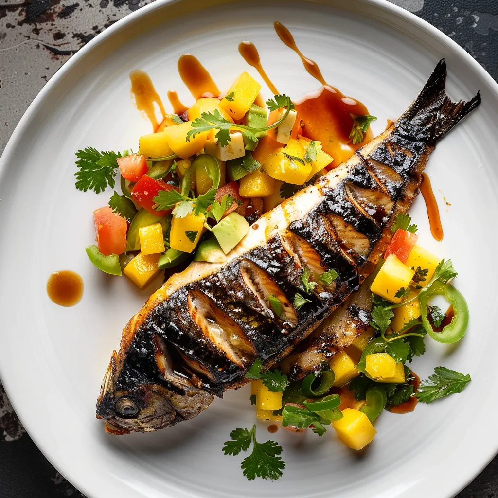 Charred mackerel fillets at the center of a clean, white plate, engulfed by the radiant colors of the mango avocado salsa - a beautiful mix of yellows, greens, and reds. A drizzle of the jerk sauce adds an earthy hue, and a sprinkling of fresh coriander completes the masterpiece.