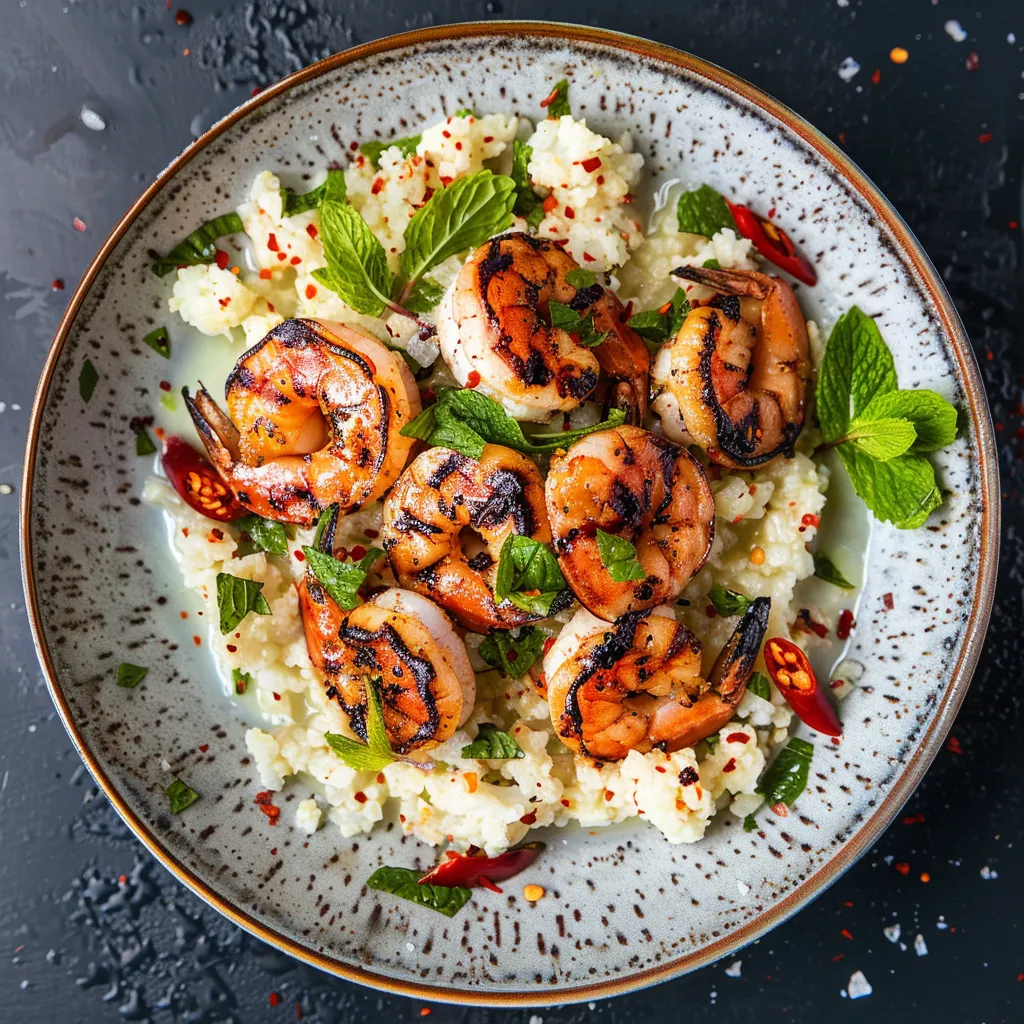 A vibrant plate displaying plump grilled shrimps taking center stage, nestled in the bed of cauliflower rice that presents varying shades of cream and green, sprinkled with fine-chopped, deep red chili, and fresh mint leaves. A drizzle of lime sauce around the plate adds an enticing touch of zest.