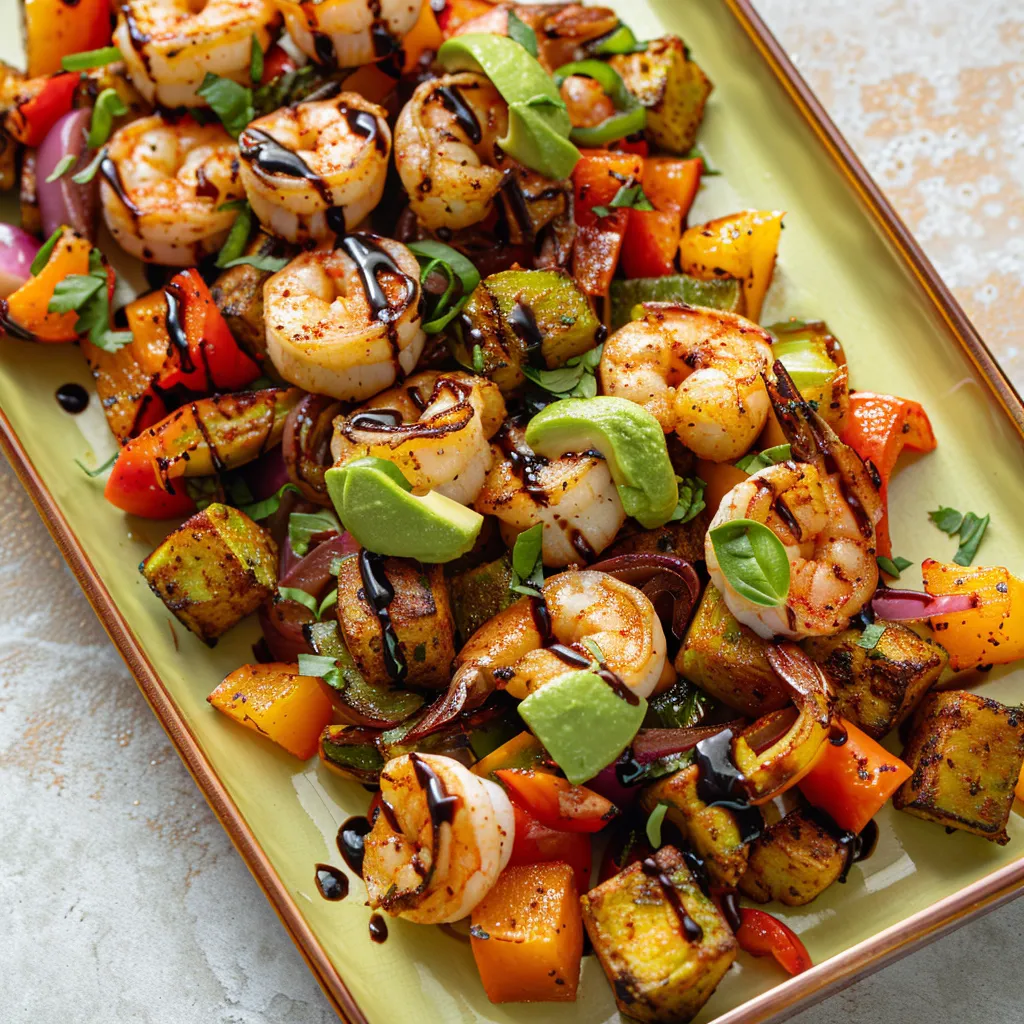 A cornucopia of textures and colors on a light yellow, rectangular platter. Golden crispy chunks of pan-seared shrimp mingle with soft vibrant pink, orange, and red bell peppers. Chunks of soft, creamy avocado are scattered across the top for a pop of color. Tiny ebony drops of balsamic reduction provide a striking contrast.