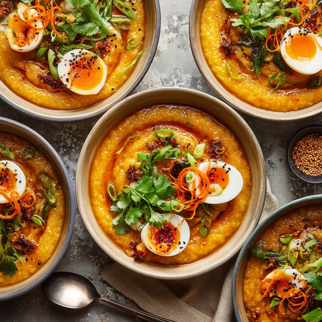 From above, four shallow bowls of golden-orange congee are swirled into glossy spirals, each topped with halved jammy eggs, curls of pickled carrot, emerald scallions, black sesame, cilantro leaves, and ruby streaks of chili-crisp butter.