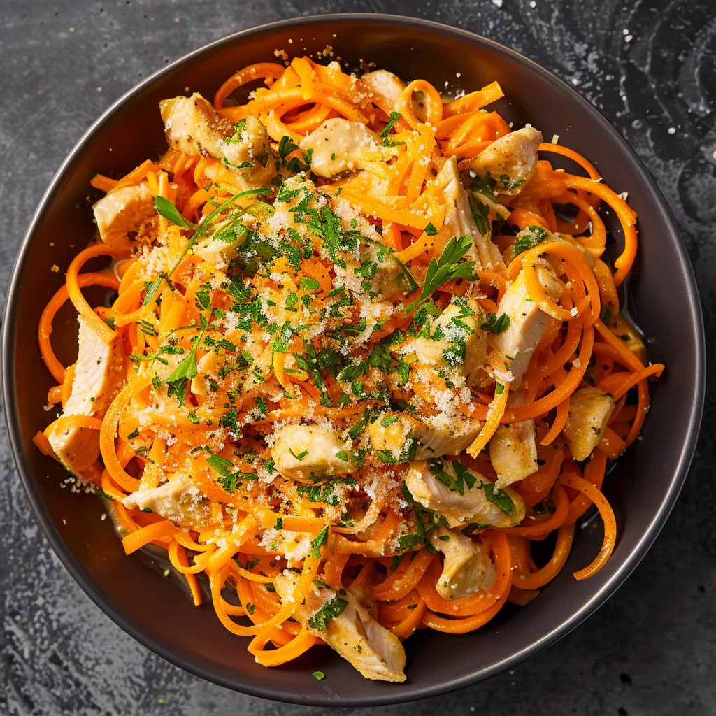 A bowl bursting with bright orange spirals of sautéed carrot 'pasta', amid slivers of moist chicken. The dish is alight with the sheen of a tantalizing sauce, and topped with a dusting of golden cheese and a sprinkling of chopped green herbs, ready to enchant your feed!
