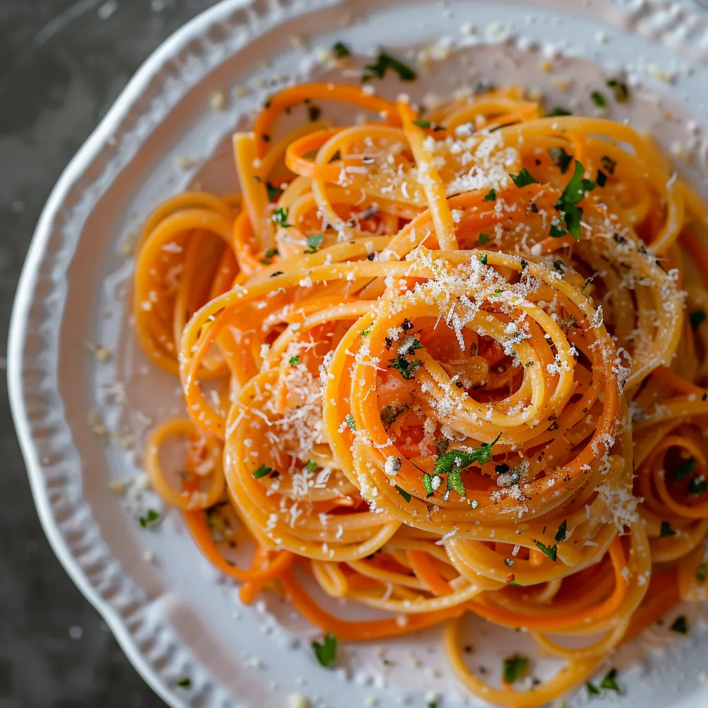 A gorgeous plate of slender, gently twisted spaghetti intermingled with elegant, curled strands of vibrant orange carrot ribbon. A delicate, lightly creamy garlic sauce brings it all together, accented by flecks of fresh green herbs and a dusting of nutty, golden Parmesan. It's a medley of colors and textures, inviting and appetizing.