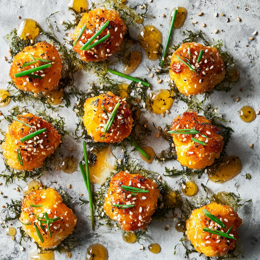 From above, you see a decorative alternating pattern of bright orange carrot dusted with pale puffed tempura and moist Dungeness crab, all resting on a gently crushed seaweed paper. It's garnished with a vibrant yuzu glaze, chives and sesame seeds.