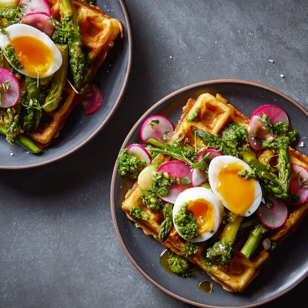 From above, two golden waffle quarters sit slightly overlapped on each plate, topped with halved jammy eggs and scattered asparagus tips. A vivid parsley-lime sauce is spooned in loose swirls, with pink radish slices, shaved Parmesan, and tiny chili flecks adding contrast against a matte ceramic plate.