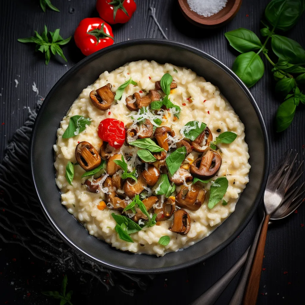 A beautiful cream colored mound of risotto occupies the center of a shallow bowl, dotted with earthy chunks of brown shiitake mushrooms. Roasted cherry tomatoes and fresh basil scattered on top provide a pop of colors; green and red. The rim of the bowl is clean, allowing the cauliflower risotto to shine.