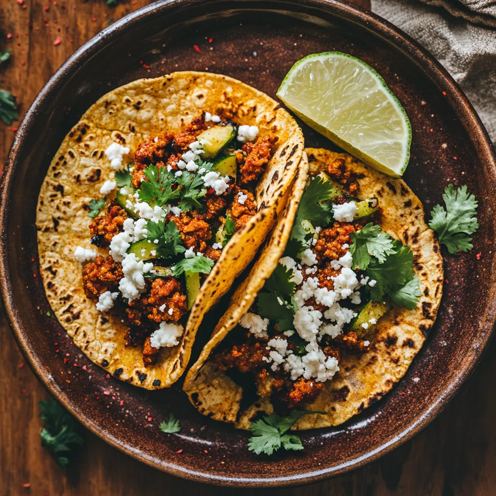 Two soft cauliflower tortillas sit crosswise on a rustic ceramic plate, each generously filled with crumbled chorizo and a lush bed of green chayote slaw. Bright, vibrant garnishes of sliced lime, cilantro leaves and white crumbled cheese are interspersed. A flash of scarlet spice sprinkle on the rim suggests a fiery, irresistible adventure for the sense.