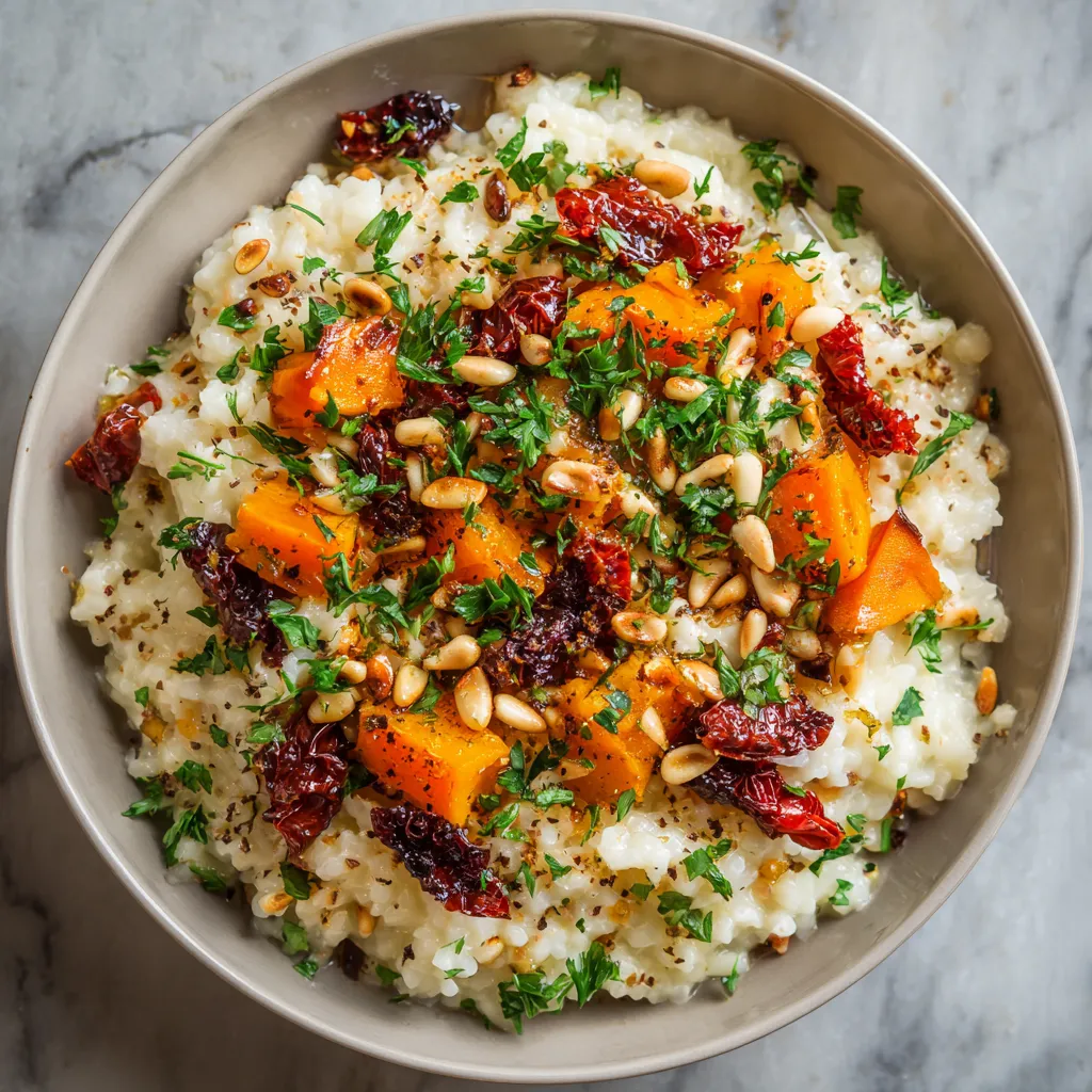 A feast of colors greets the eyes with chunks of red sun-dried tomato and orange butternut squash piercing through the creamy white cauliflower risotto. It's topped off with a sprinkling of dark green chopped parsley and slightly browned, gleaming pine nuts.