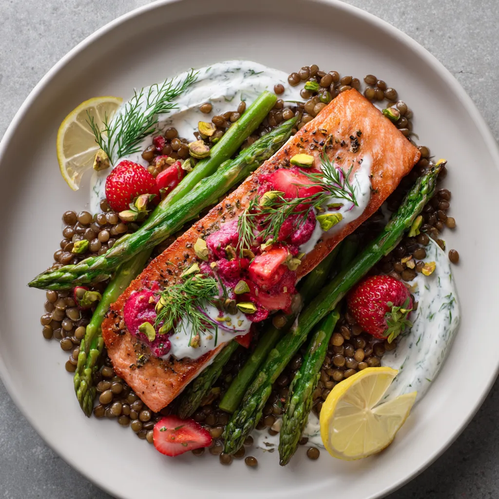 From above, a wide white plate holds a blush-pink salmon fillet over glossy green lentils and diagonal asparagus spears, topped with ruby strawberry-radish relish, scattered pistachios, dill fronds, and a swirl of herb-flecked yogurt with lemon wedges at the edge.