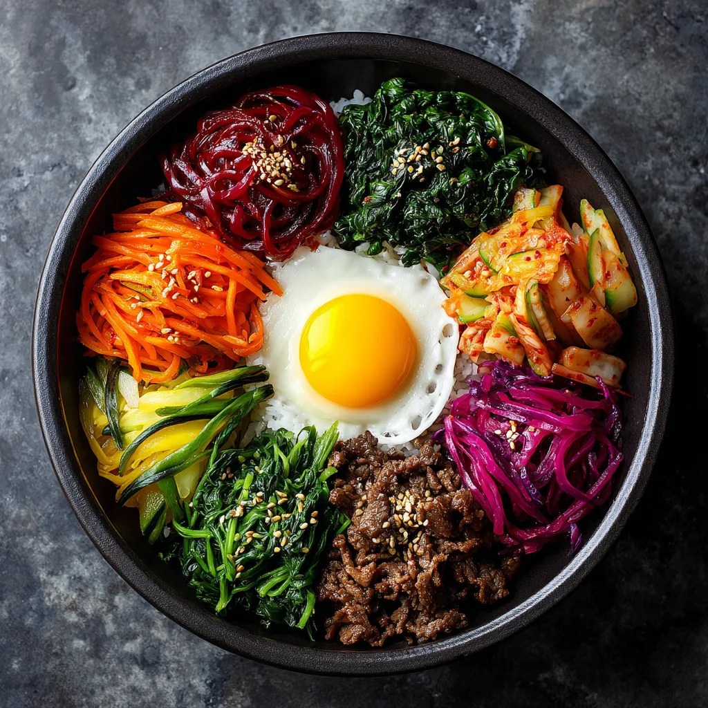 From above, it's a beautiful mosaic of multi-colored ingredients symmetrically arranged around a sunny yolk of a fresh egg nestled in the center. The white bed of rice lays the canvas for the vibrant green of seasoned spinach, royal purple of shredded beetroot, punchy orange of julienned carrots, and the brownish charm of the bulgogi meat. A colorful assortment of Banchan dishes adds to the tapestry.