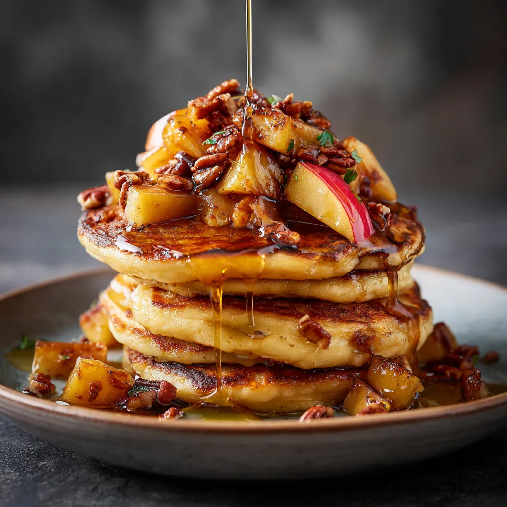 Four fluffy golden-brown pancakes pile enticingly upon each other, topped with glittering caramelized apples and a scattering of toasted pecan bits. The whole masterpiece is drizzled with deep honey-amber syrup, pooling onto the plate below. The plate brings a splash of color, showcasing seasonal vibes with the harmony of taste and sight.
