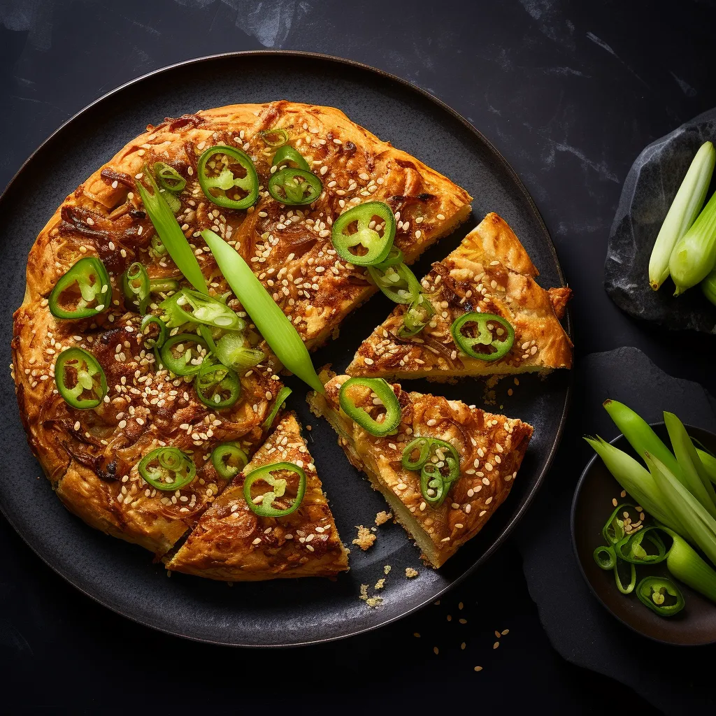 The golden round crust of the bread catches the eye first, covered with speckles of toasted sesame seeds. Slices of celery peep through the top crust, their vibrant green contrasting beautifully with the golden brown. The bread has some exposed crumbled tofu, underlining its rustic charm.