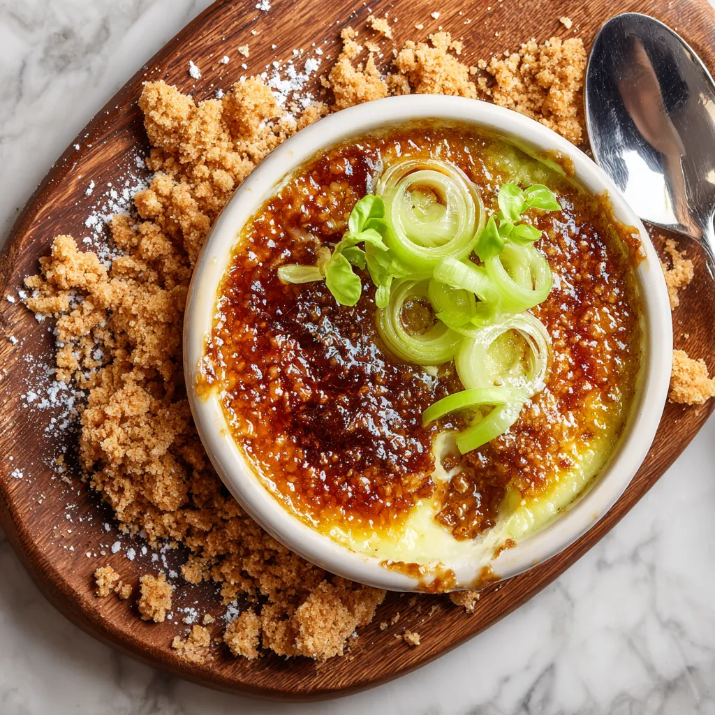 Looking above from the dish you see a ceramic ramekin with shiny, caramelized topping which fractures at the slightest touch of spoon revealing creamy, pale green celery-infused crème underneath. The ramekin sits on a rustic wooden platter, surrounded by crumbled golden-brown maple praline, and garnished with thin slices of fresh celery and a light dusting of powdered sugar.