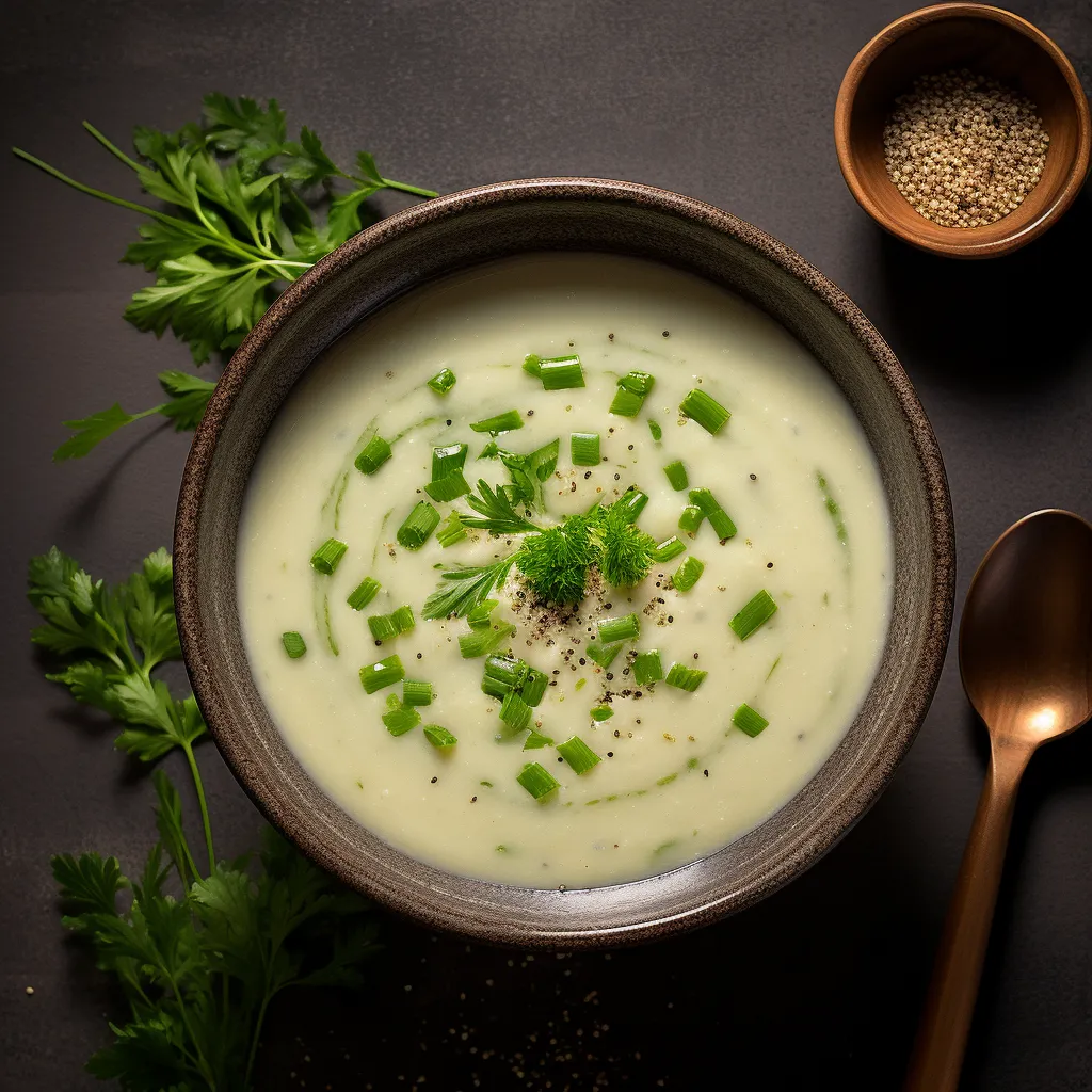 A creamy, velvety, light-green soup with slices of earthy shiitake mushrooms floating atop. A drizzle of white miso paste and a scattering of black sesame seeds enhance the soup's vibrant color, while fresh herbs on the side, such as parsley and thyme, offer a lively contrast.