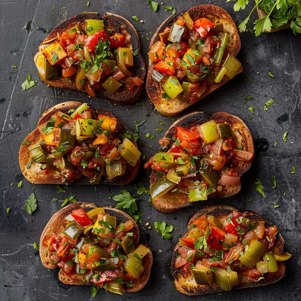 From above, you see highlighted slices of golden, rustic-grilled bread, each topped evenly with colorful Ratatouille. The green pieces of celery peeping out from the spread gives it a heightened, appetizing appeal. The dish is accented with sprinkled fresh, chopped parsley and micro herbs.