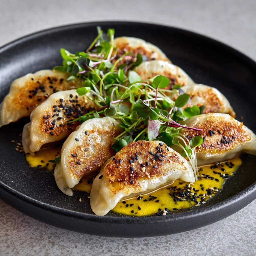 A pristinely white, semicircular gyoza styled against a contrasting black plate, the golden-brown bottom of the dumplings are visible, suggesting a delightful crunch. A vibrant, citrusy yuzu sauce dots the plate, sprinkles of black sesame seeds and micro-greens add detail.