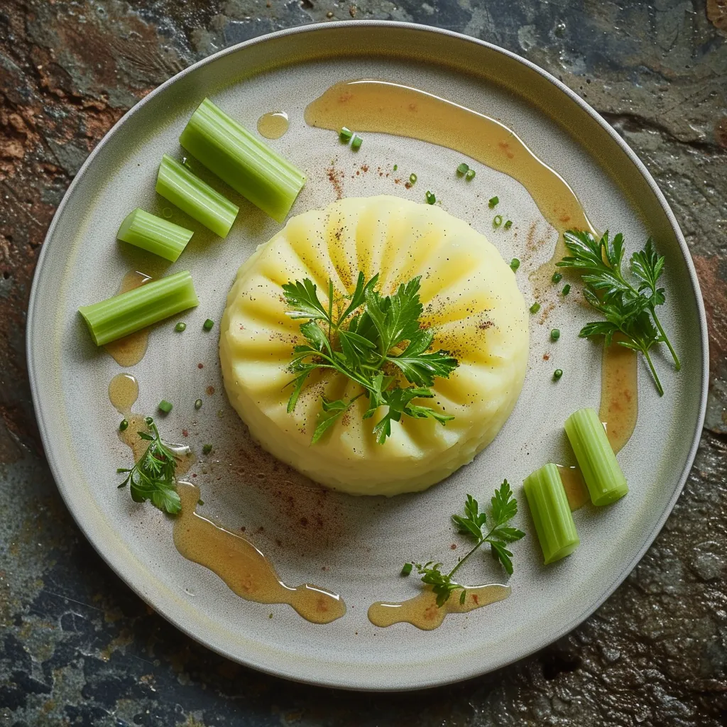 A round ivory mound of potato mash elegantly rests in the center of the plate. Green celery batons gently press into the mash imitating a starburst, while fresh herbs are tastefully scattered to add color contrasts. A smooth, golden sauce lightly drizzled around completes this Instagram-worthy masterpiece.