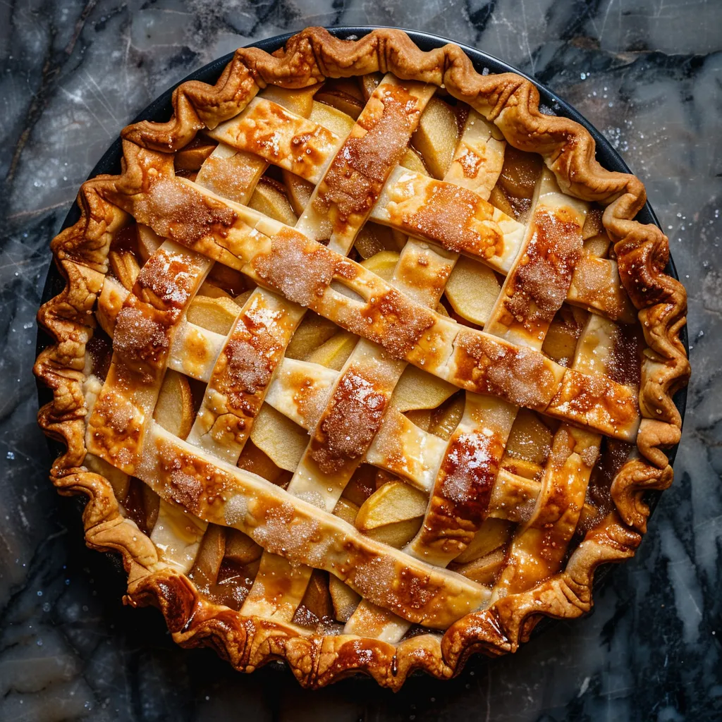 A golden pie crust with a lattice design, adorned with crystal sugar for a sparkling finish. The inner filling's juicy apple slices slightly peek through the lattice, exhibiting the gorgeous golden hue from the champagne reduction.