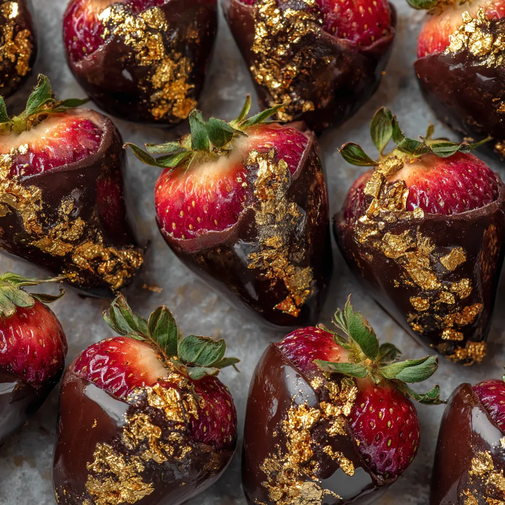 Imagine a platter of luxurious, glossy dark chocolate covered strawberries. On closer look, each strawberry reveals a core of irresistible champagne sorbet. All of this is garnished with edible gold leaf and arranged in the shape of a 2026, to ring in the New Year with style.