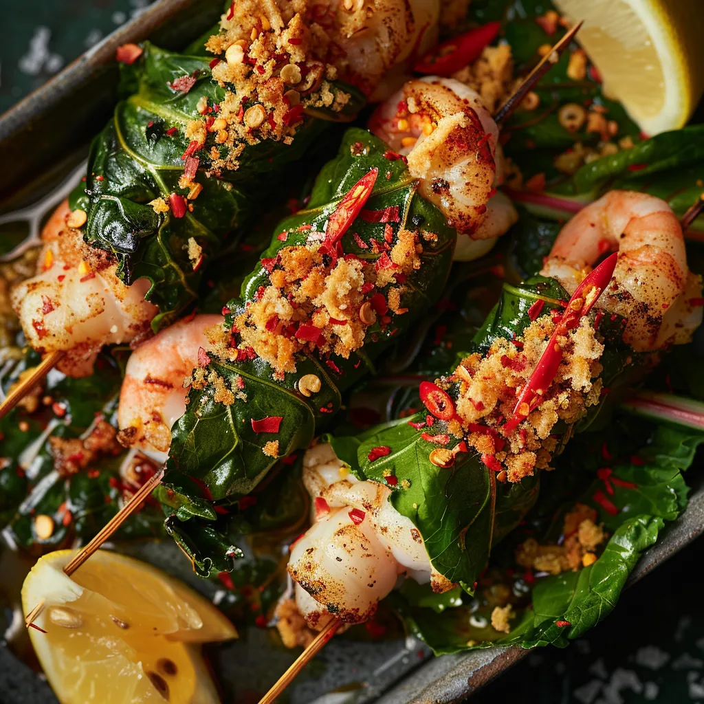 The dish is a vibrant display of seafood delicately wrapped in bright green chard leaves. It's garnished with sprinkles of red chili flakes and golden, toasted breadcrumbs, paired beautifully with a light, lemon wedge on the side. The deep colors of the seafood against the green leaves and the popping golden breadcrumbs create a lovely contrast.