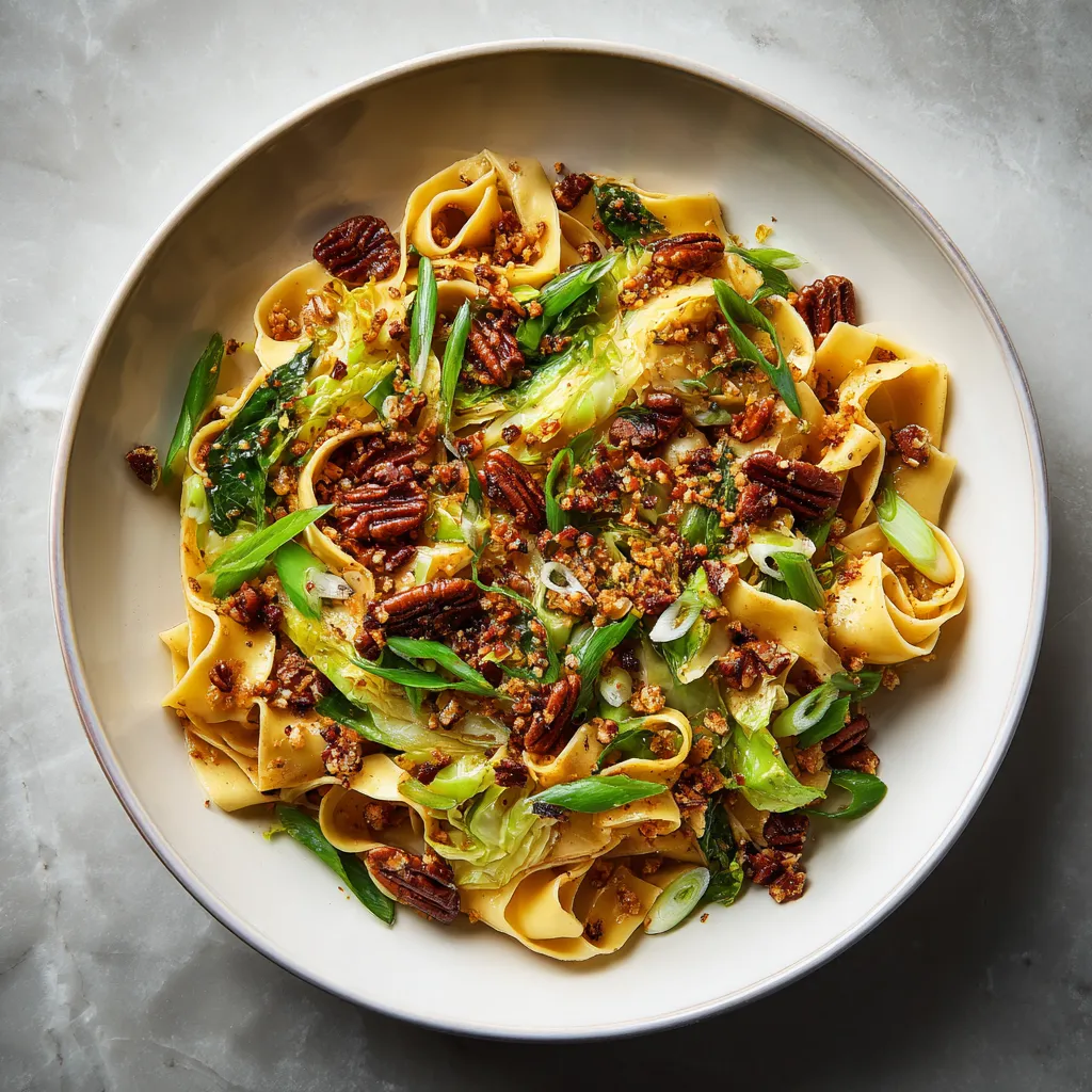 A shallow bowl of glossy twirled pasta streaked with golden-brown cabbage ribbons, scattered with toasted pecans, emerald scallions, crunchy amber breadcrumbs, lemon zest, and flecks of red pepper for vivid contrast.