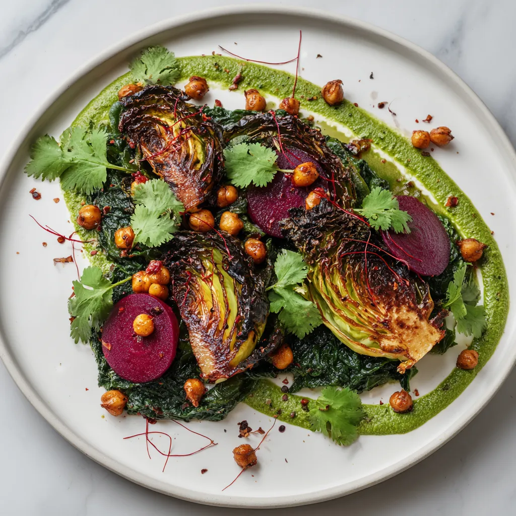From above, thick cabbage wedges with deeply caramelized edges rest over a swoosh of bright emerald beet-green coconut saag, topped with ruby beet wedges and golden crispy chickpeas. Tamarind glaze glistens in small droplets, black mustard seeds and chili threads dot the plate, and fresh cilantro adds feathery contrast on a matte white platter.