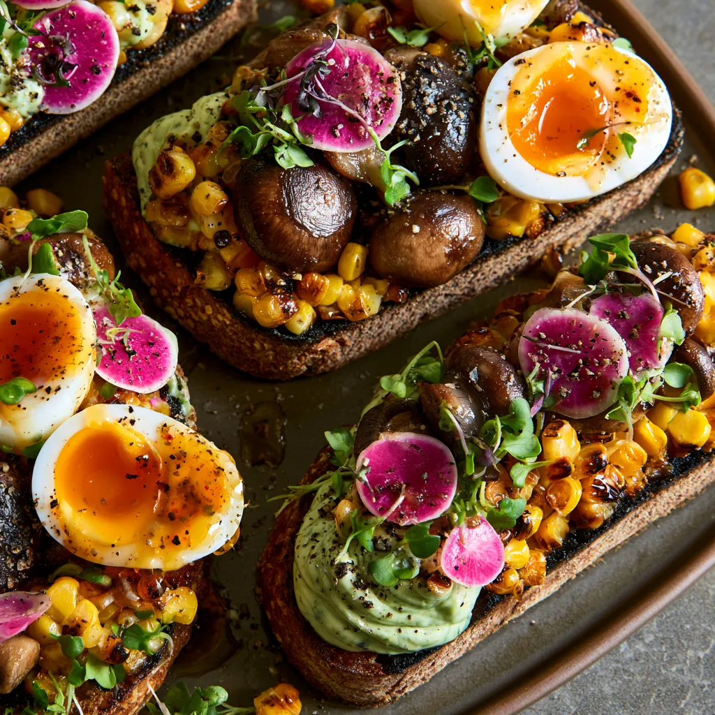 From above, four large rustic toasts are arranged on a platter, topped with glossy bronzed cremini mushrooms, golden charred corn, halved jammy eggs with rich orange centers, swooshes of pale green basil-lime yogurt, scattered pink radish slices, microgreens, cracked black pepper, and a drizzle of chili-honey for vibrant contrast.