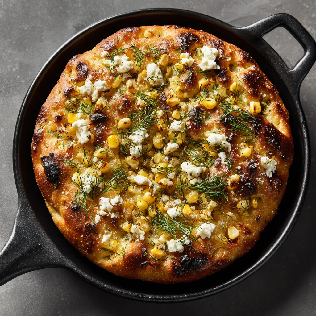 From above, a small round golden focaccia fills a skillet or plate, deeply dimpled and blistered at the edges, with caramelized corn scattered across the top, snowy feta crumbles, feathery dill, tiny lemon-zest threads, flaky salt, and a glossy olive-oil sheen catching the light.