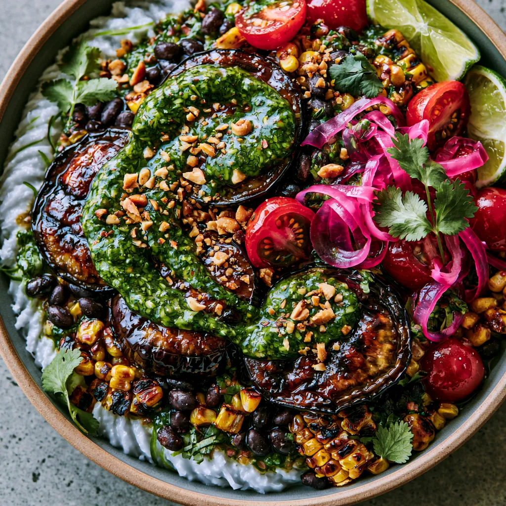 From above, a wide shallow bowl shows swoops of white coconut-lime rice topped with glossy caramelized eggplant rounds, black beans, charred corn, ruby cherry tomatoes, and ribbons of pickled red onion. A vivid green herb drizzle is spooned artfully across the top, finished with crushed peanuts, cilantro leaves, and lime wedges for a bold, colorful contrast.