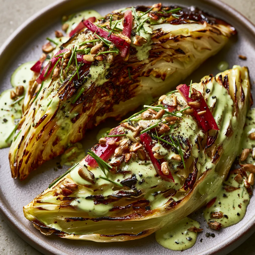 From above, two deeply bronzed cabbage wedges sit slightly angled on a matte plate, streaked with pale green herb drizzle, scattered with ruby apple matchsticks, toasted sunflower seeds, fresh chives, and cracked black pepper, with glossy amber edges catching the light.
