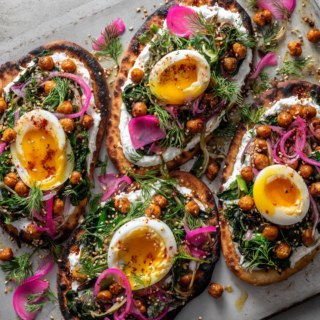From above, four oval flatbreads are spread with snowy white labneh and topped with deep green charred ramps, halved jammy eggs with glowing golden centers, crispy paprika-sumac chickpeas, bright herbs, pink pickled onions, and a glossy drizzle of olive oil and honey, finished with scattered sesame and crimson Aleppo pepper.