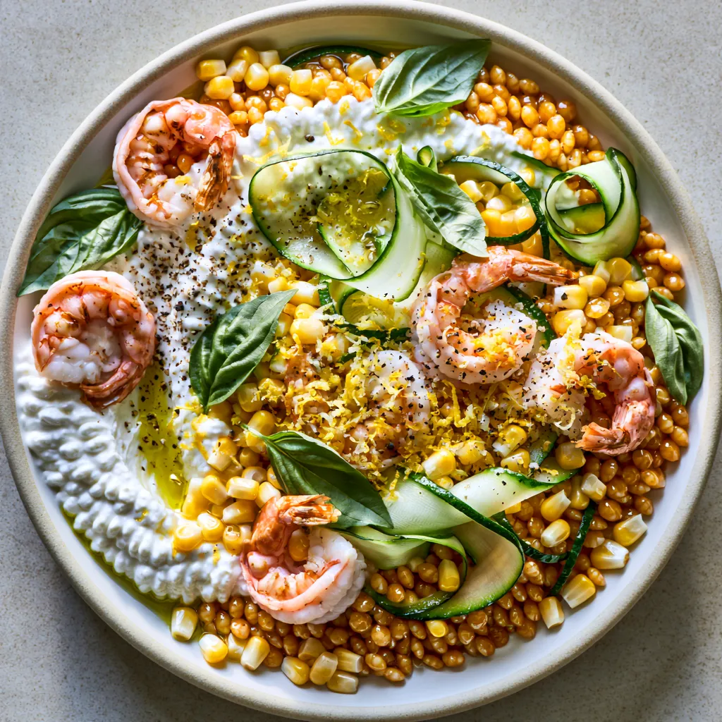 From above, a shallow bowl of glossy golden fregola is scattered with pink curled shrimp, emerald basil leaves, pale-green zucchini ribbons, and bright yellow corn kernels. A swoosh of whipped ricotta peeks through, finished with lemon zest, cracked pepper, and a glisten of olive oil.