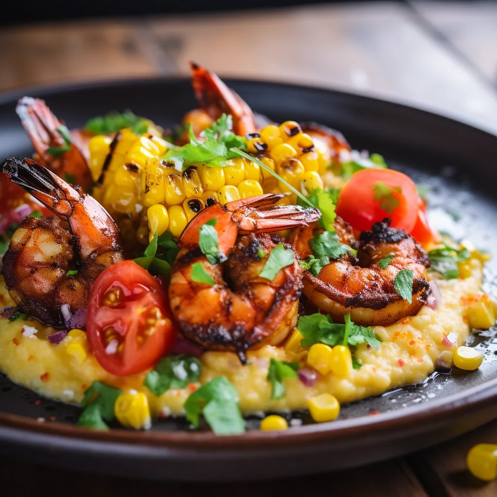 Succulent, charred shrimp lay on a bed of sunshine-yellow sweet corn grits. A vibrant medley of red tomatoes and cubed watermelon, punctuated with fresh green cilantro, sits alongside. An arc of lime wedges adds a pop of color.