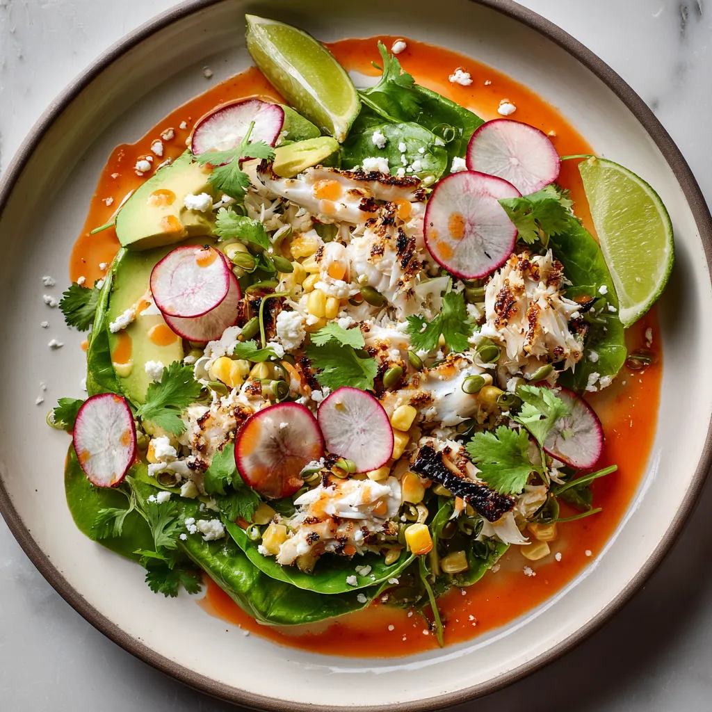 From above, a wide platter of glossy little gem leaves is layered with snowy crab, charred asparagus and corn, blush-pink pickled onions, thin radish coins, avocado slices, scattered cilantro, toasted pepitas, and tiny white crumbles of cotija, all drizzled with a vivid orange-red dressing and finished with lime wedges.