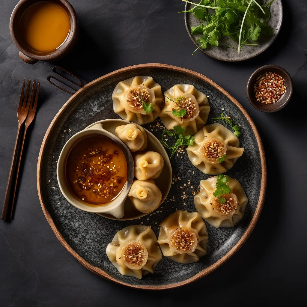 A plate with perfectly cooked dumplings, lightly golden brown and gently steaming, accompanied by a small dish of savory dipping sauce.