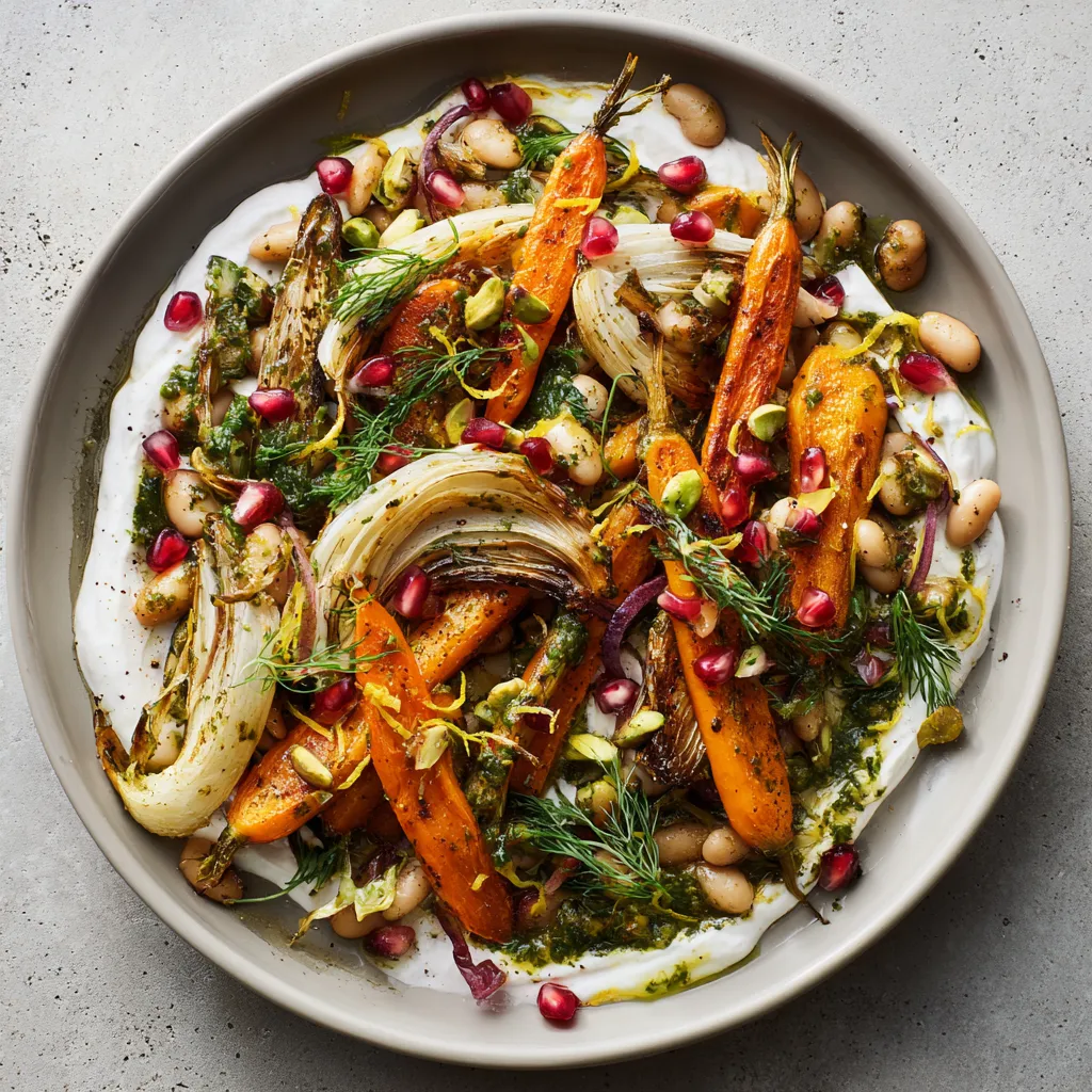 From above, a shallow platter of bronzed carrot wedges, caramelized fennel, and creamy white beans swirled with pale citrus yogurt, streaked with emerald pistachio chermoula, finished with ruby pomegranate seeds, fennel fronds, lemon zest, and cracked pepper.