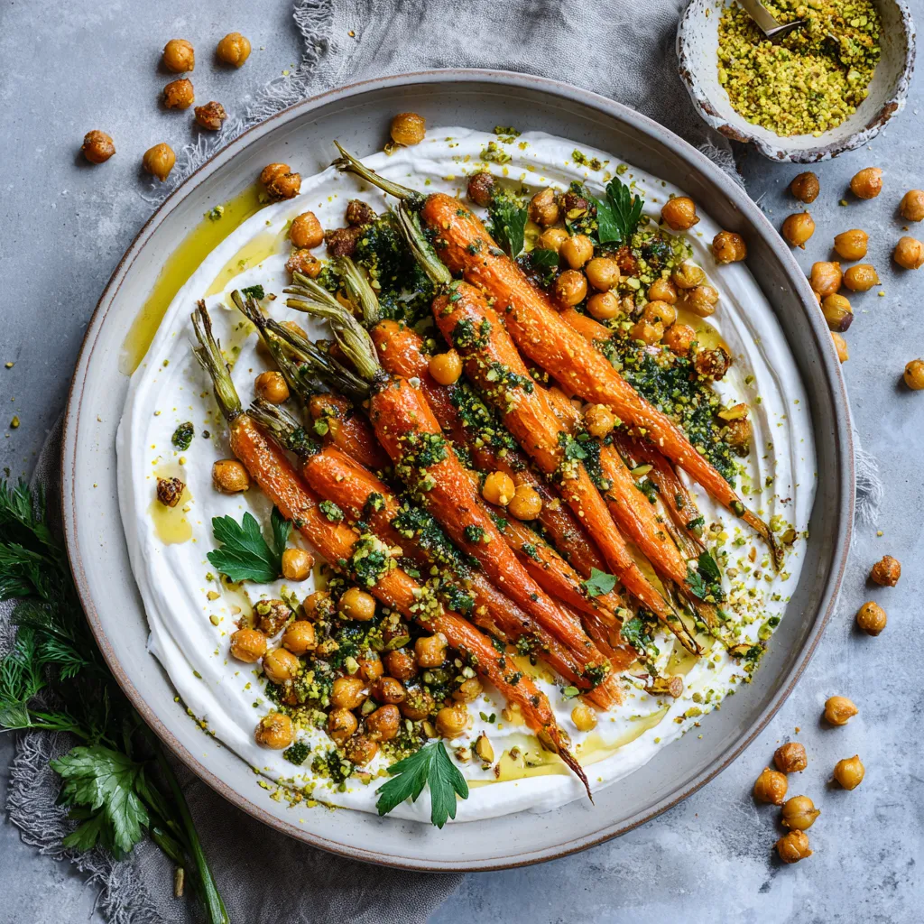 From above, a wide shallow bowl is swooshed with a cloudlike white whipped feta base, topped with burnished roasted carrots laid in loose parallel lines, scattered golden chickpeas, glossy emerald parsley charmoula spooned in ribbons, lemon zest, pistachio crumbs, and a few delicate parsley leaves for a bold, high-contrast finish.