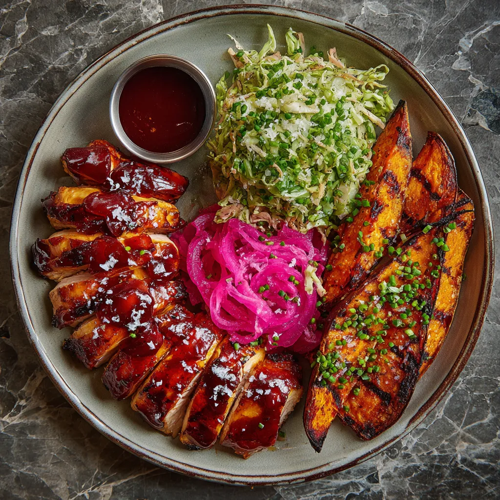 From above, sliced lacquered chicken thighs fan across one side of the plate, glossy deep mahogany with grill marks and a drizzle of cherry BBQ glaze. Charred sweet potato wedges sit alongside in a loose arc, topped with flecks of sea salt and herbs. A bright mound of green cabbage-herb slaw and vivid pink pickled onions add freshness and color contrast, with scattered chives and a small ramekin of extra sauce completing the scene.