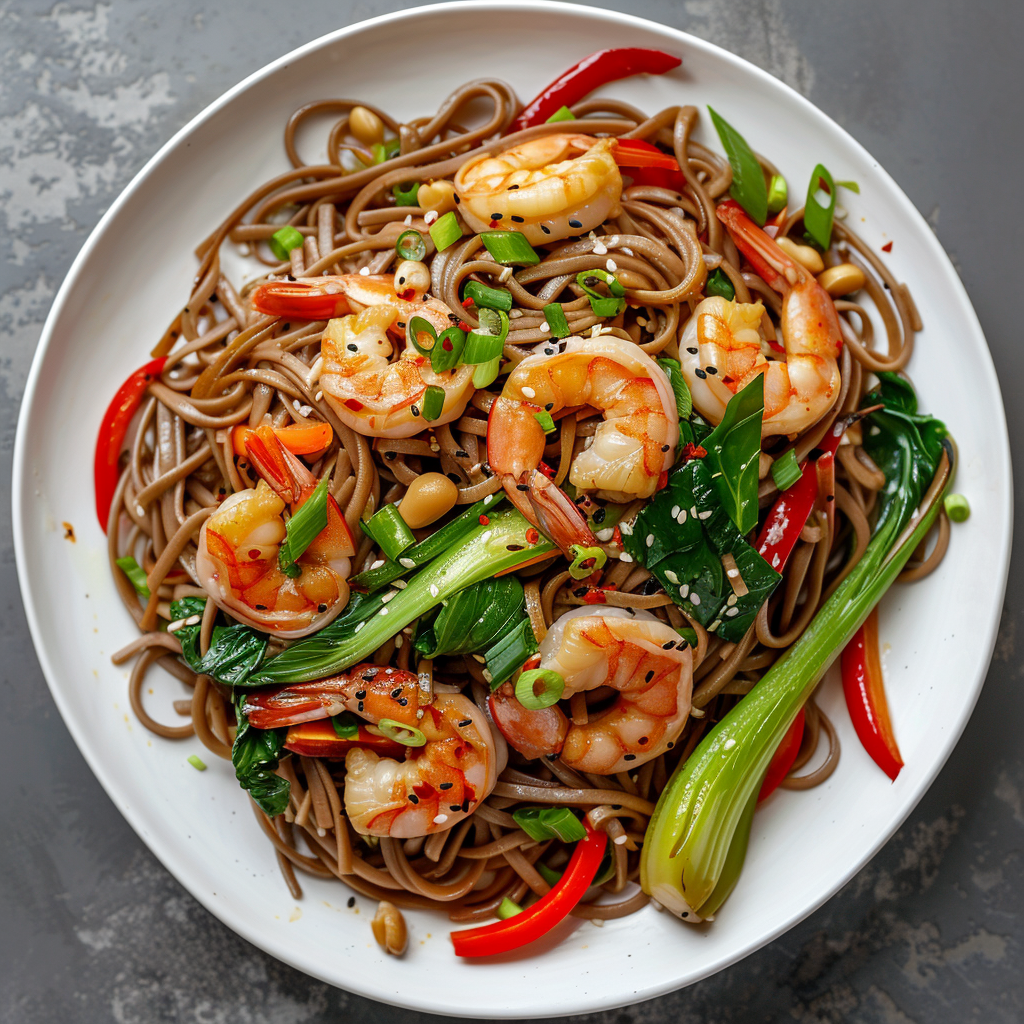 Chervil-infused Soba and Shrimp Stir-fry