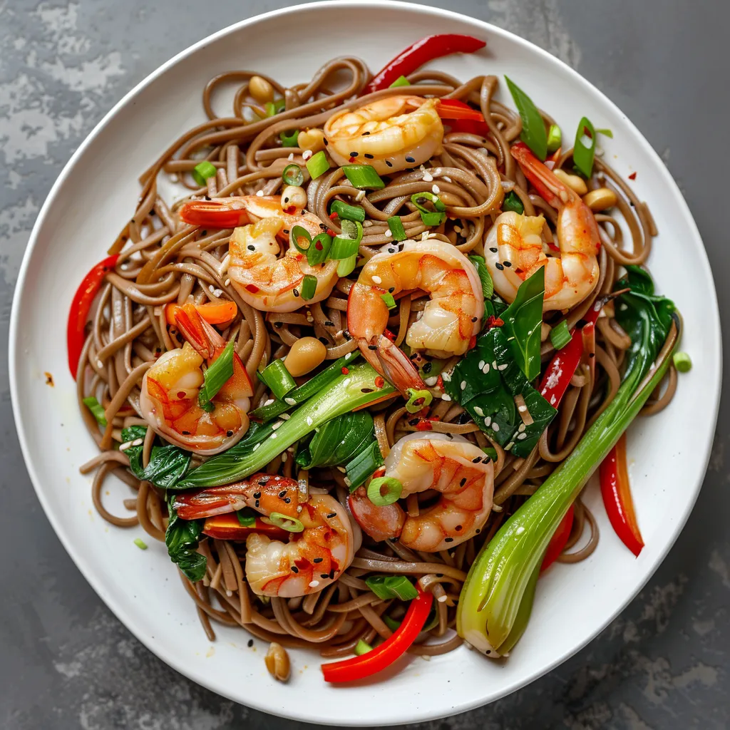 A generous heap of glossy, fine soba noodles sit at the heart of a clean, white, flat rim curved plate. Specks of green chervil are dotted within the noodles, giving the dish a pop of color. Bright pink sautéed shrimps, light bok choy, creamy edamame beans, and crunchy red bell peppers frame this noodle mound, completing the dish with a vibrant array of colors.