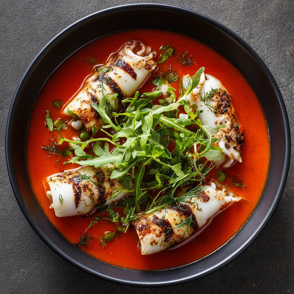A glossy red broth dotted with creamy white squid bodies and topped with bright green chervil sprigs. The black grill marks on the squid add a contrasting touch.