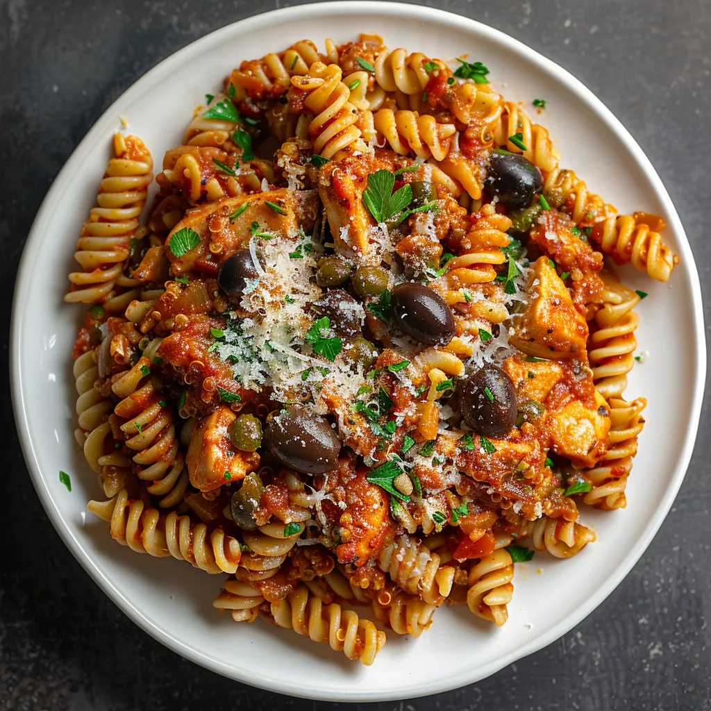 A generously served plate of golden quinoa fusilli, topped with vibrant red sauce dappled with green herbs and glistening bits of olives and capers. Tender chunks of chicken scattered throughout, and a dust of finely shredded dairy-free cheese on top.