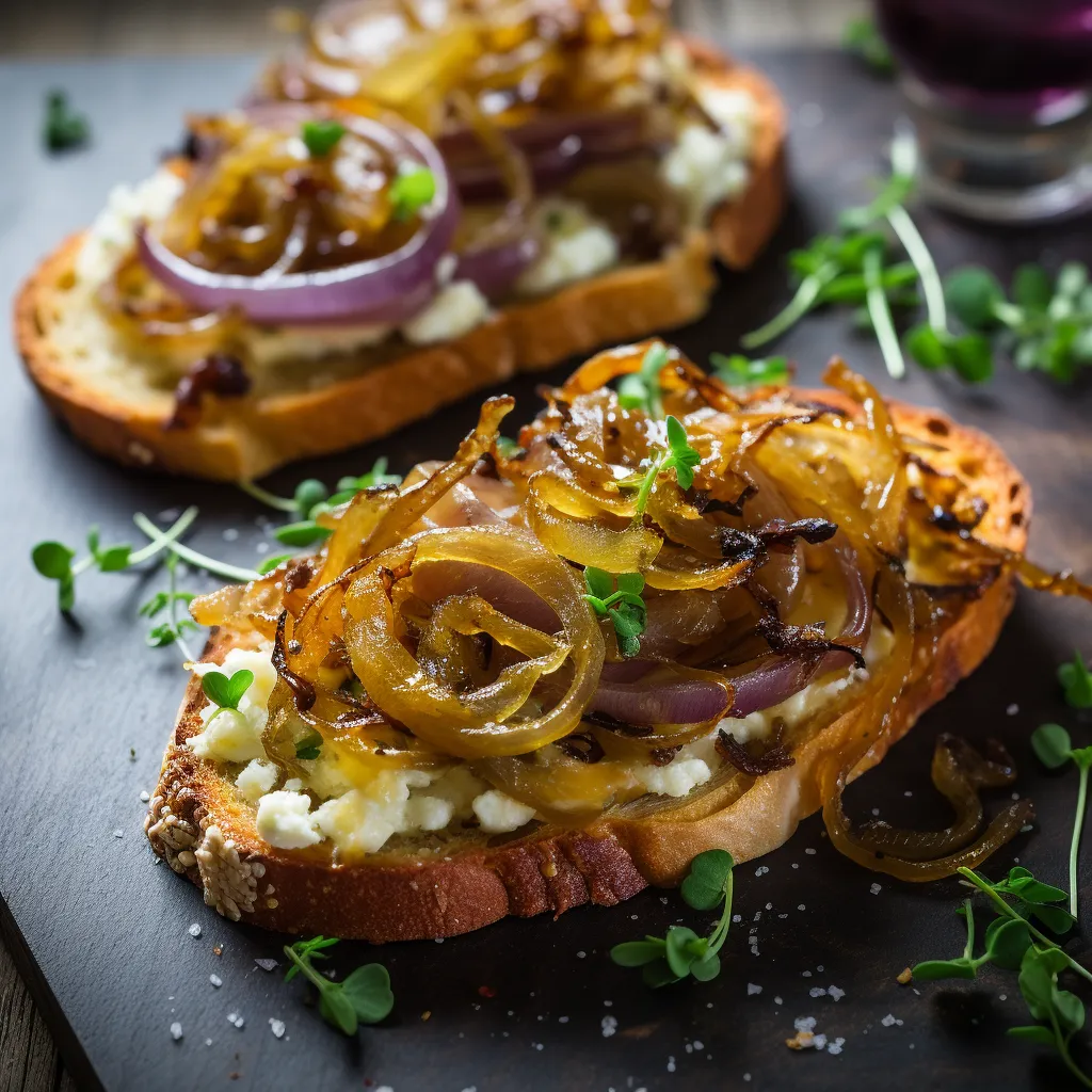 Hints of chicory green, golden-brown caramelized onions, and white goat cheese morsels sitting atop crunchy toast slices. Dusted with crushed red pepper for a pop of color and heat, garnished with thin onion rings.
