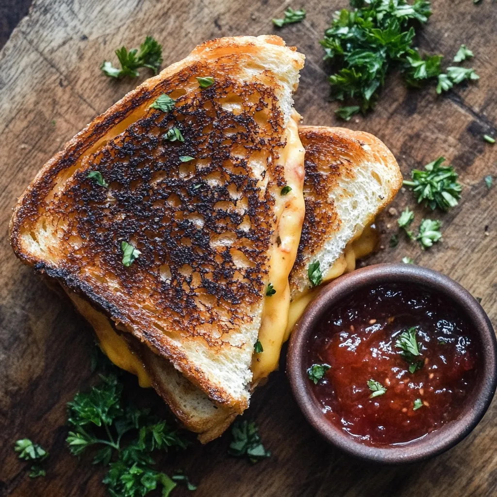 The sandwich is golden brown with crispy edges. Some of the gooey, melted cheese oozes out from the sides, wrapped around by a hint of dark, glossy chicory leaves. The vibrant red tomato jam served on the side adds a vibrant dash of color. With an overhead shot, a sprinkle of parsley brings some lush green, making the dish pop against a rustic wooden background.