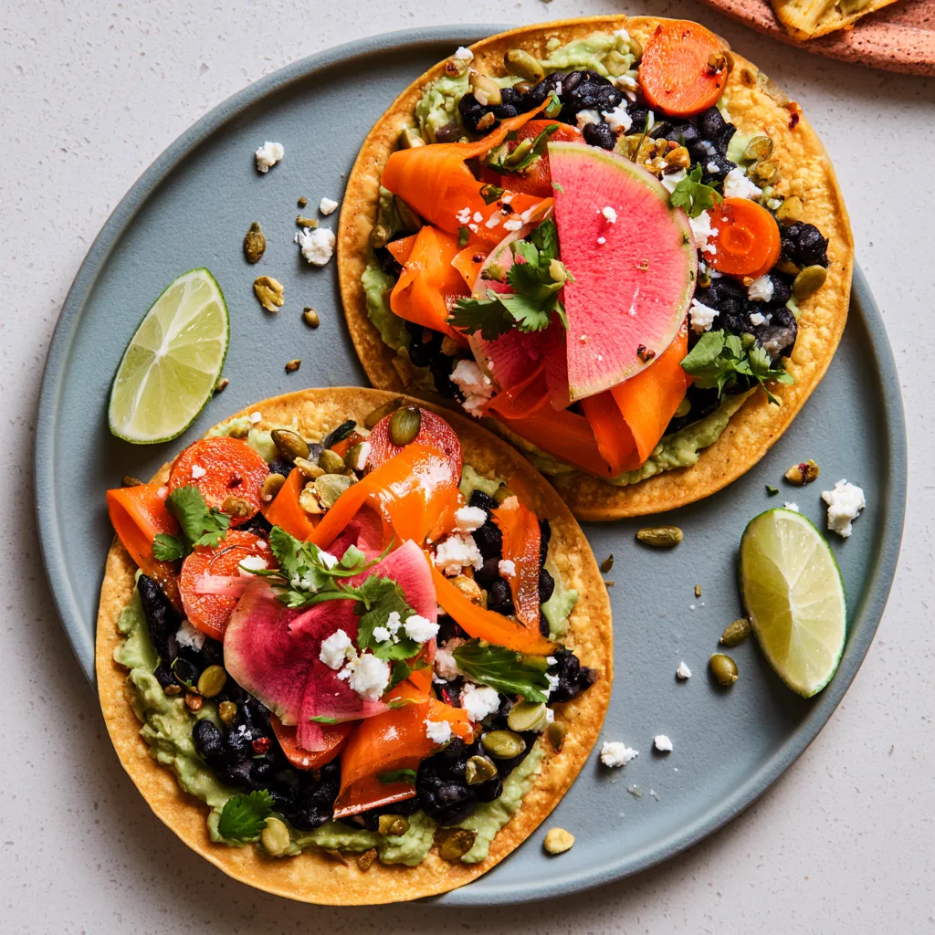 From above, two plates each hold golden crisp tostadas spread with pale green avocado and inky black beans, topped with ribbons and coins of glossy orange carrots, thin watermelon-pink radish slices, white feta crumbles, green cilantro leaves, and scattered pepitas, finished with lime wedges at the side.