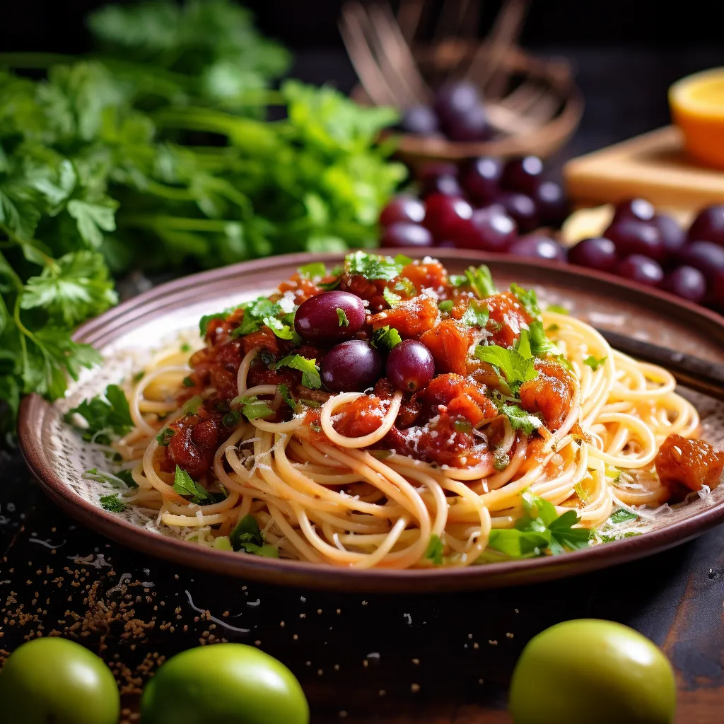 A plate of freshly cooked linguini with a reddish hue, gracias to the chili garlic sauce. Bright red and green grape salsa scattered all over, together with sprinkles of grated Parmesan and chopped cilantro that contribute to a color contrast. A lime wedge at the side adds a zesty pop to the plate.