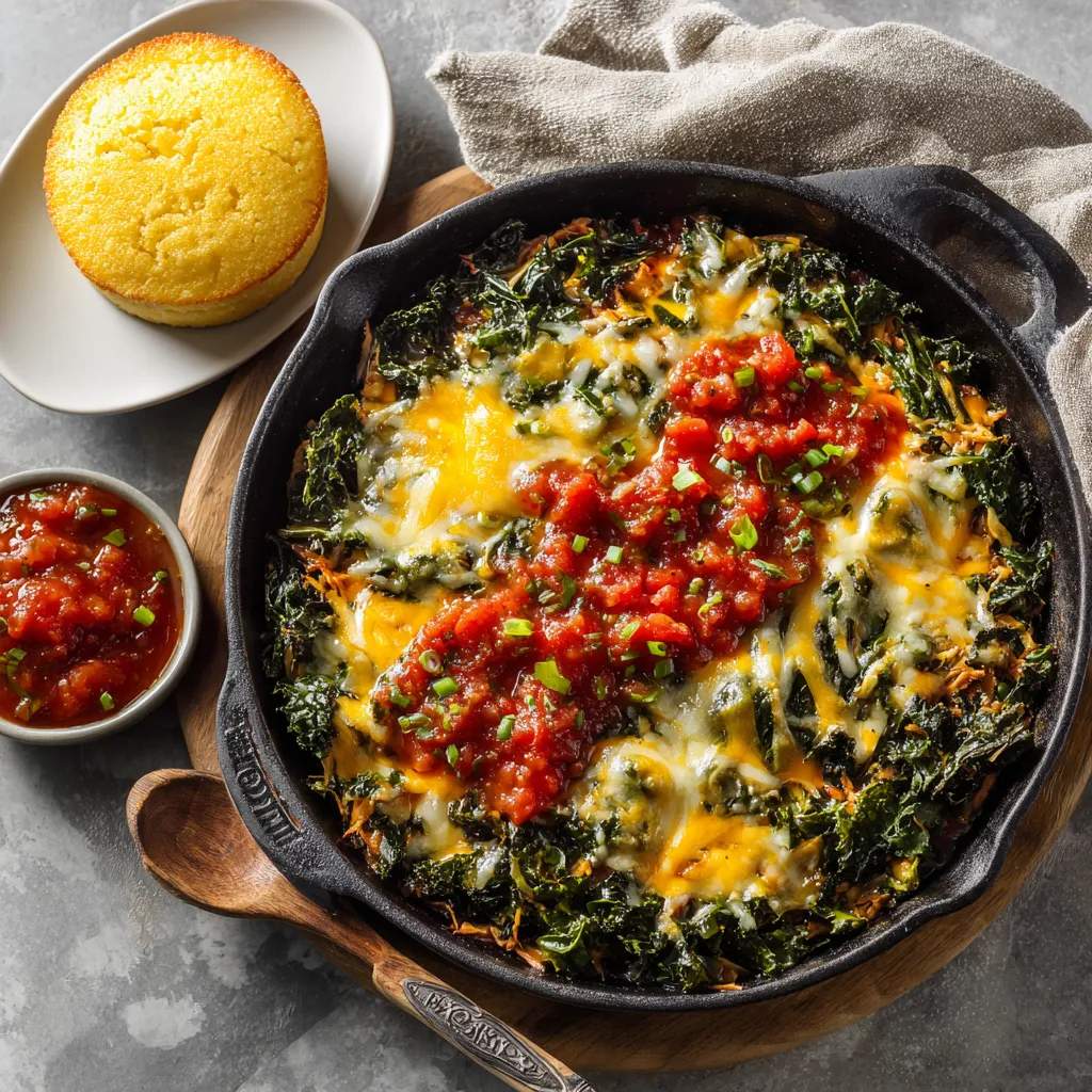 The dish is a stunning combination of colors: a lush green base of sautéed kale, the warm hues of the enchilada stuffing, brilliantly topped with melting cheese and ruby red salsa. On the side, a crisp golden cornbread muffin from the skillet for a delightful contrast.