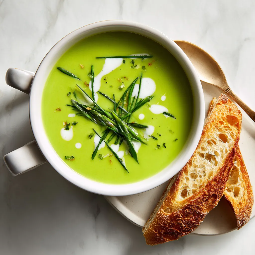 Impressive bright-green soup served in a white bowl, garnished with cream drizzles and crispy chives on top; a French bread slice on the side.